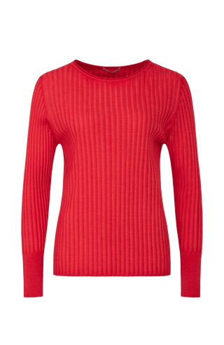 Locker geschnittener Damen-Rundhalspullover in rot, Modell 406601 CameliaDyed-RB. Vorderansicht. Weiches Material mit geripptem Saum und Ärmelbündchen.