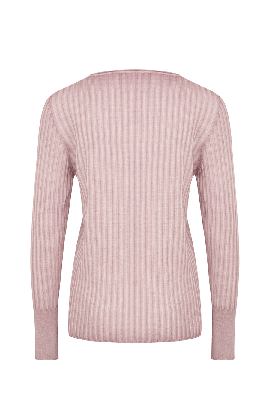 Locker geschnittener Damen-Rundhalspullover in rose, Modell 406601 CameliaDyed-RB- Rueckansicht. Weiches Material mit geripptem Saum und Ärmelbündchen.