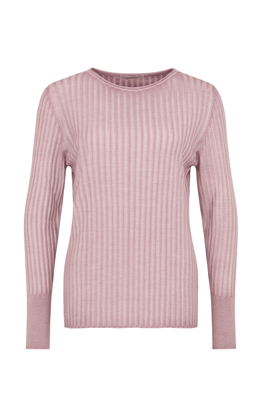 Locker geschnittener Damen-Rundhalspullover in rose, Modell 406601 CameliaDyed-RB- Vorderansicht. Weiches Material mit geripptem Saum und Ärmelbündchen.