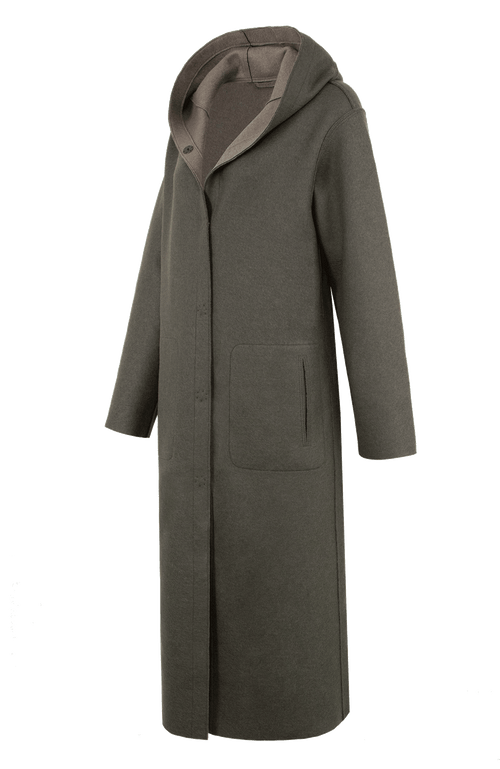 Wendbarer Damen-Wollmantel in Bi-Color mit Kapuze, Farbe Hay