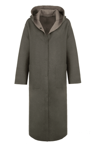 Wendbarer Damen-Wollmantel in Bi-Color mit Kapuze, Farbe Hay