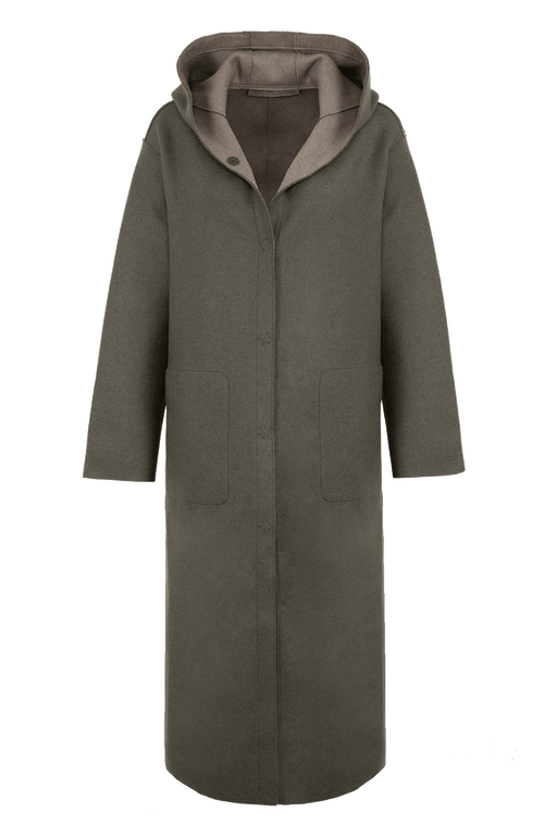 Wendbarer Damen-Wollmantel in Bi-Color mit Kapuze, Farbe Hay