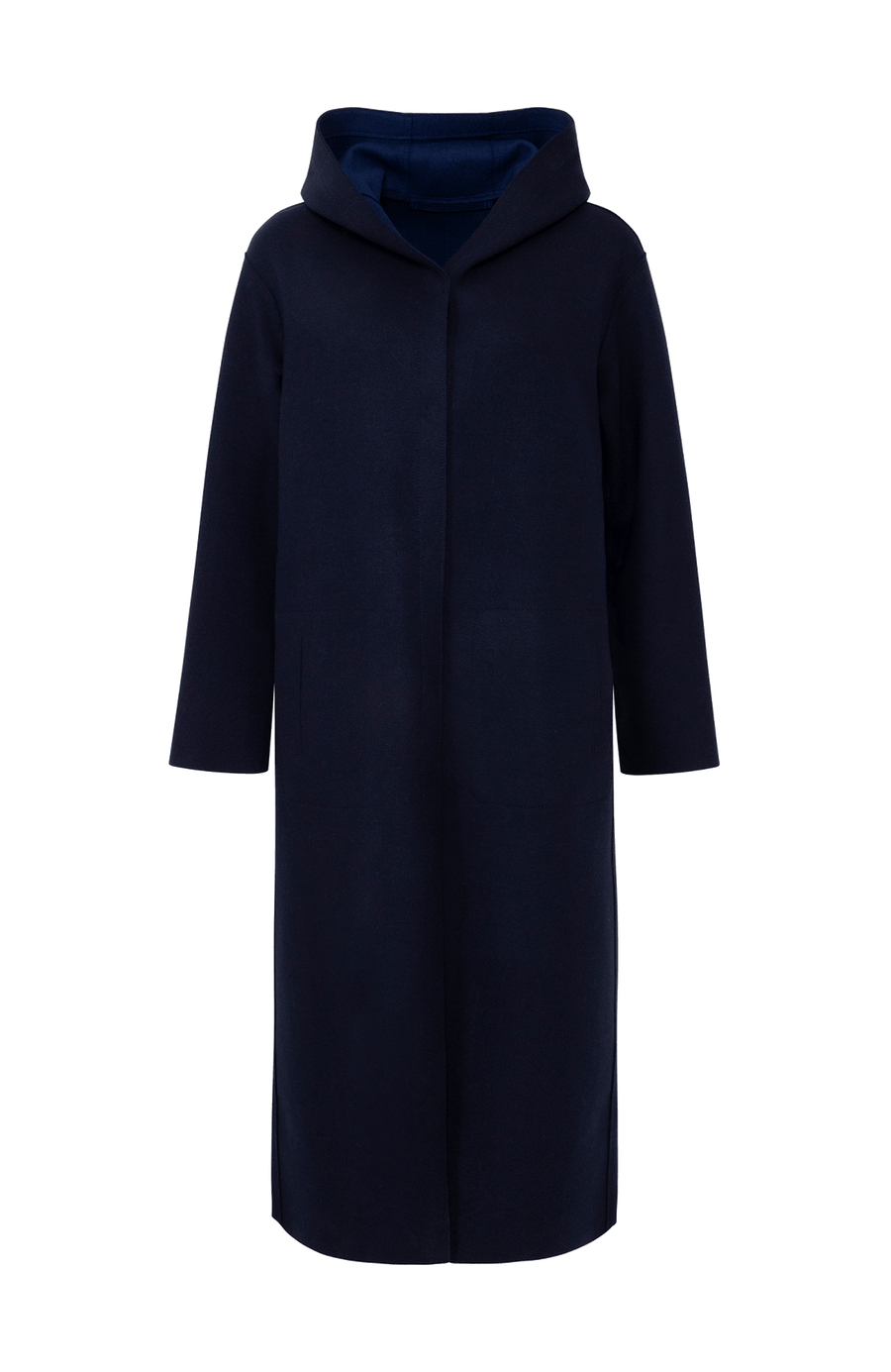 Wendbarer Damen-Wollmantel in Bi-Color mit Kapuze, Farbe Midnight