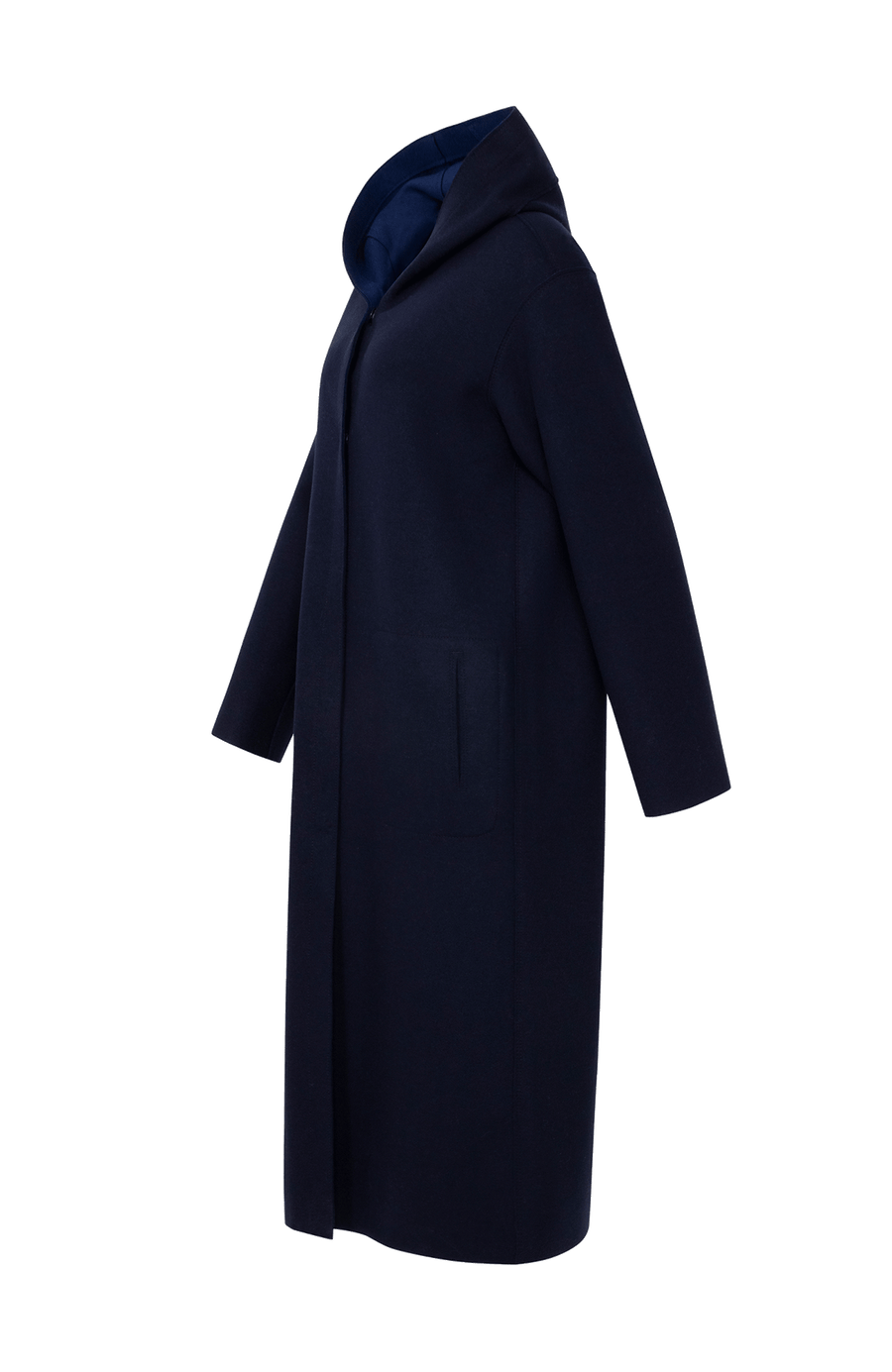 Wendbarer Damen-Wollmantel in Bi-Color mit Kapuze, Farbe Midnight