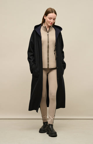 Wendbarer Damen-Wollmantel in Bi-Color mit Kapuze, Farbe Midnight