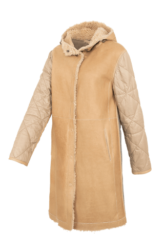 Lammfell Mantel mit Loden und Quilt Ärmel hellbraun von der Seite