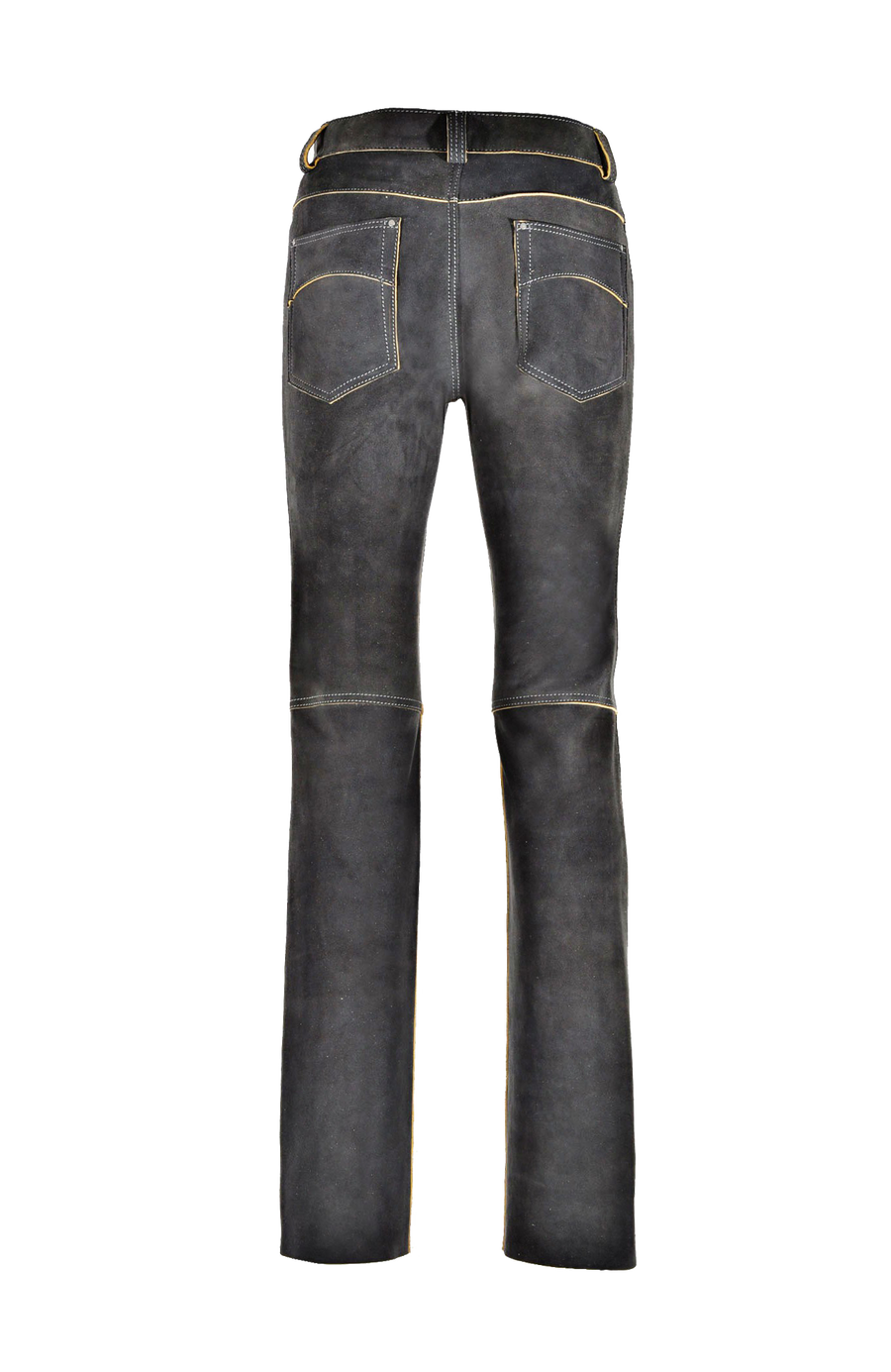 Hirschlederhose Herren in elefant, Rueckansicht, hochwertige Lederhose mit geradem Schnitt, Gesäßtaschen und Kniequernähten