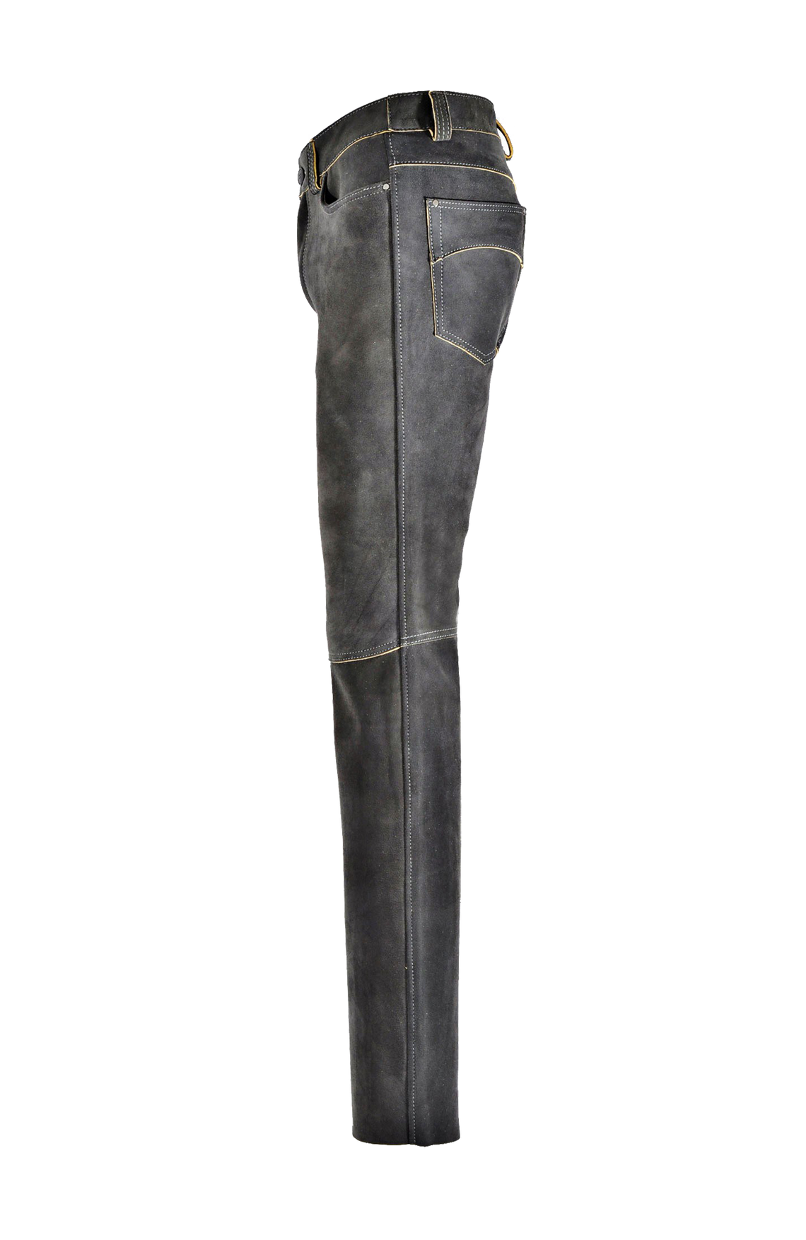 Hirschlederhose Herren in elefant, Seitenansicht, hochwertige Lederhose mit geradem Schnitt, Gesäßtaschen und Kniequernähten