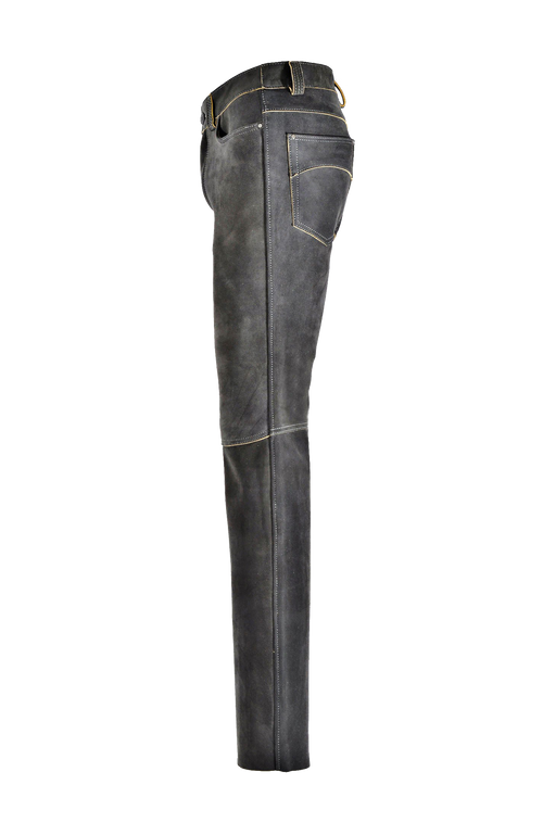 Hirschlederhose Herren in elefant, Seitenansicht, hochwertige Lederhose mit geradem Schnitt, Gesäßtaschen und Kniequernähten