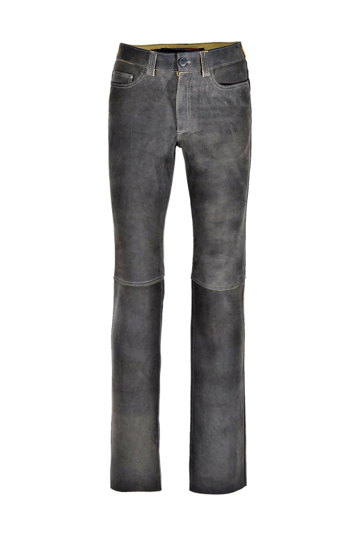 Hirschlederhose Herren in elefant, Vorderansicht, hochwertige Lederhose mit geradem Schnitt, Gesäßtaschen und Kniequernähten