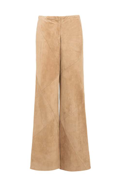 Hose Mandy-Ca aus ökologisch gefärbtem und gegerbtem Lammleder, elastischer Bund, teilgefüttert, geometrische Patchwork-Nähte, weich, anschmiegsam und leicht. Farbe Hellbraun (Farbe: caramel).