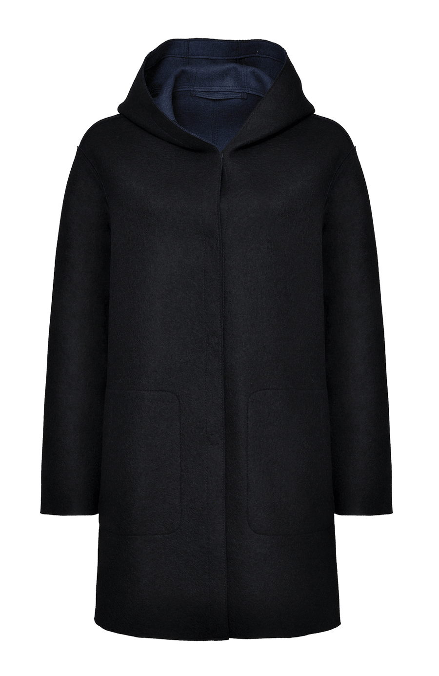 Lässiger 2-in-1 Wendekurzmantel Olivia-WD aus Wool Double in Bi-Color-Optik, gerade legere Passform mit leichtem Oversize Look, offenkantige Nahtverarbeitung, angeschnittene Kapuze, überschnittene Schulterpartie, verdeckte handangenähte Metalldruckknöpfe und zwei aufgesetzte Taschen. In der Farbe Schwarz  und Dunkelblau (Farbe: black)