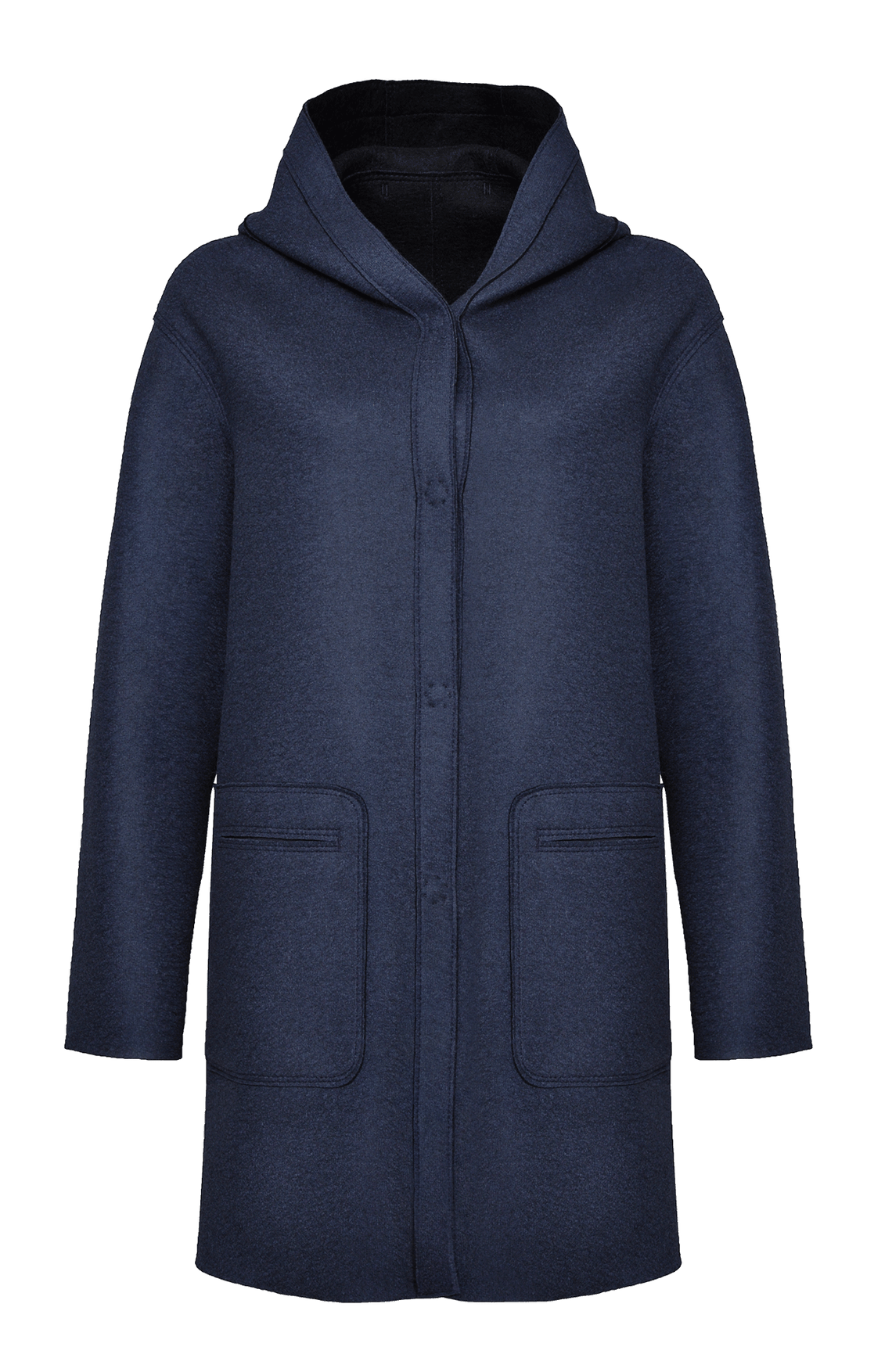Lässiger 2-in-1 Wendekurzmantel Olivia-WD aus Wool Double in Bi-Color-Optik, gerade legere Passform mit leichtem Oversize Look, offenkantige Nahtverarbeitung, angeschnittene Kapuze, überschnittene Schulterpartie, verdeckte handangenähte Metalldruckknöpfe und zwei aufgesetzte Taschen. In der Farbe Schwarz und Dunkelblau (Farbe: black)