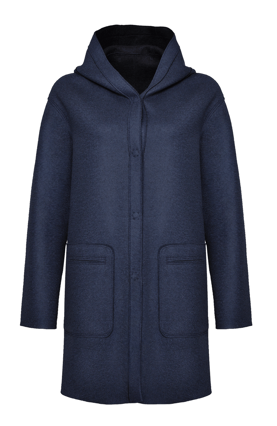 Lässiger 2-in-1 Wendekurzmantel Olivia-WD aus Wool Double in Bi-Color-Optik, gerade legere Passform mit leichtem Oversize Look, offenkantige Nahtverarbeitung, angeschnittene Kapuze, überschnittene Schulterpartie, verdeckte handangenähte Metalldruckknöpfe und zwei aufgesetzte Taschen. In der Farbe Schwarz und Dunkelblau (Farbe: black)