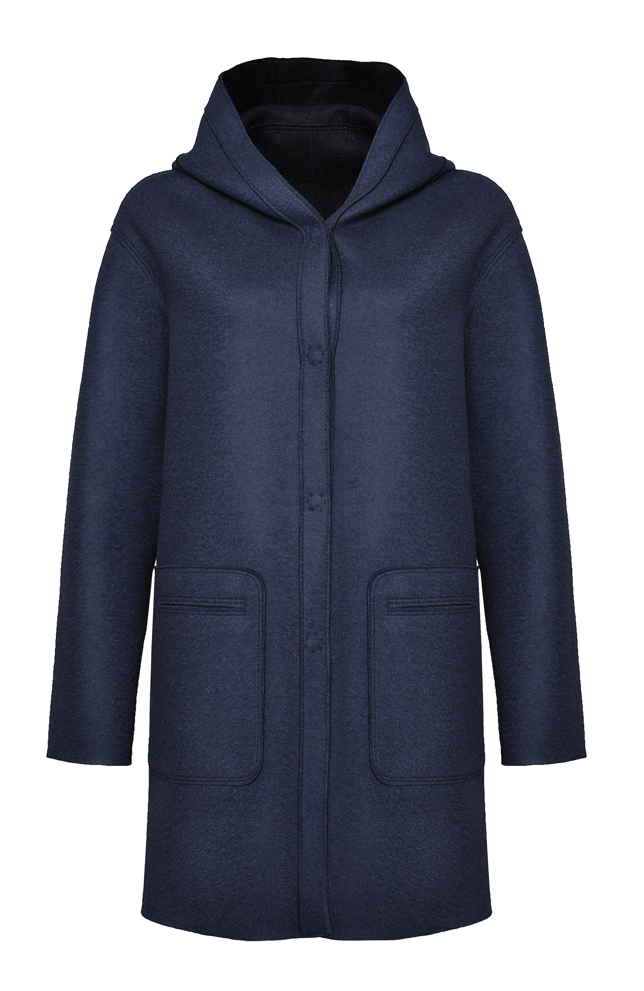 Lässiger 2-in-1 Wendekurzmantel Olivia-WD aus Wool Double in Bi-Color-Optik, gerade legere Passform mit leichtem Oversize Look, offenkantige Nahtverarbeitung, angeschnittene Kapuze, überschnittene Schulterpartie, verdeckte handangenähte Metalldruckknöpfe und zwei aufgesetzte Taschen. In der Farbe Schwarz und Dunkelblau (Farbe: black)